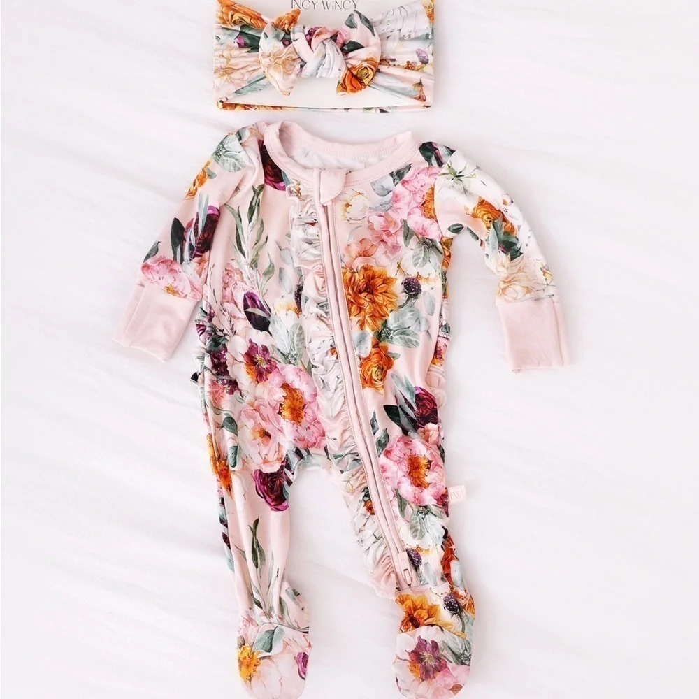 Baby Girl Bamboo Pajamas Newborn-12m Pink Floral Zipper Soft Sleeper Set